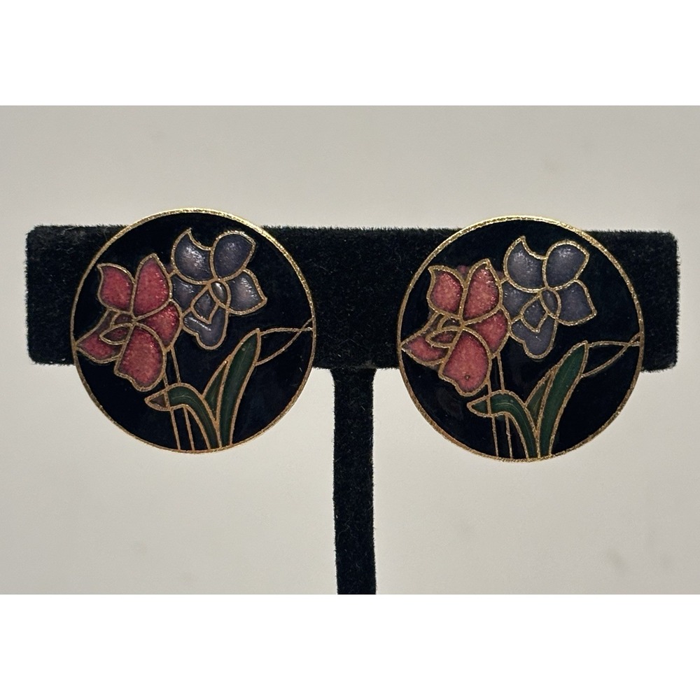 Vintage Cloissoine Flower Earrings Clip On 1 inch Black Gold Floral